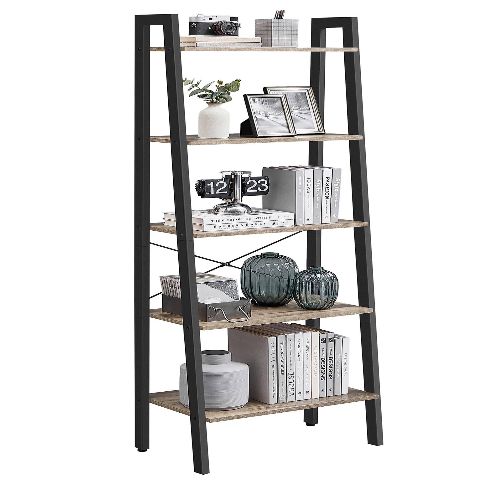 Photo 1 of ****STOCK PHOTO REFERENCE ONLY*****VASAGLE Ladder Shelf, 5-Tier Bookshelf, Storage Rack, Bookcase with Steel Frame, for Living Room, Home Office, Kitchen, Bedroom, Industrial Style, Camel Brown and Ink Black ULLS045B50