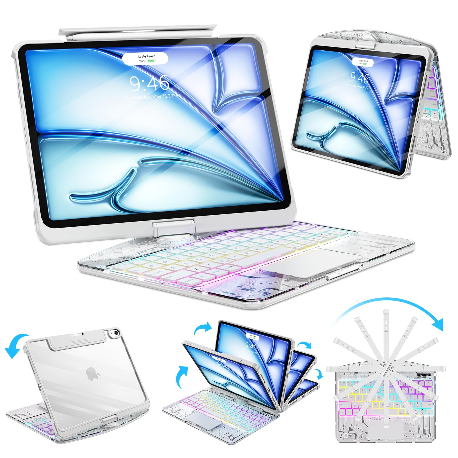 Photo 1 of SIBEITU Clear Wireless Keyboard Case for iPad Air 11-inch (M3 2025/M2 2024) & iPad Pro 11-inch 4th 3rd 2nd 1st Gen, 7-Color Backlit with Multi-Touch Trackpad for 10.9" iPad Air 4th/5th Gen, White