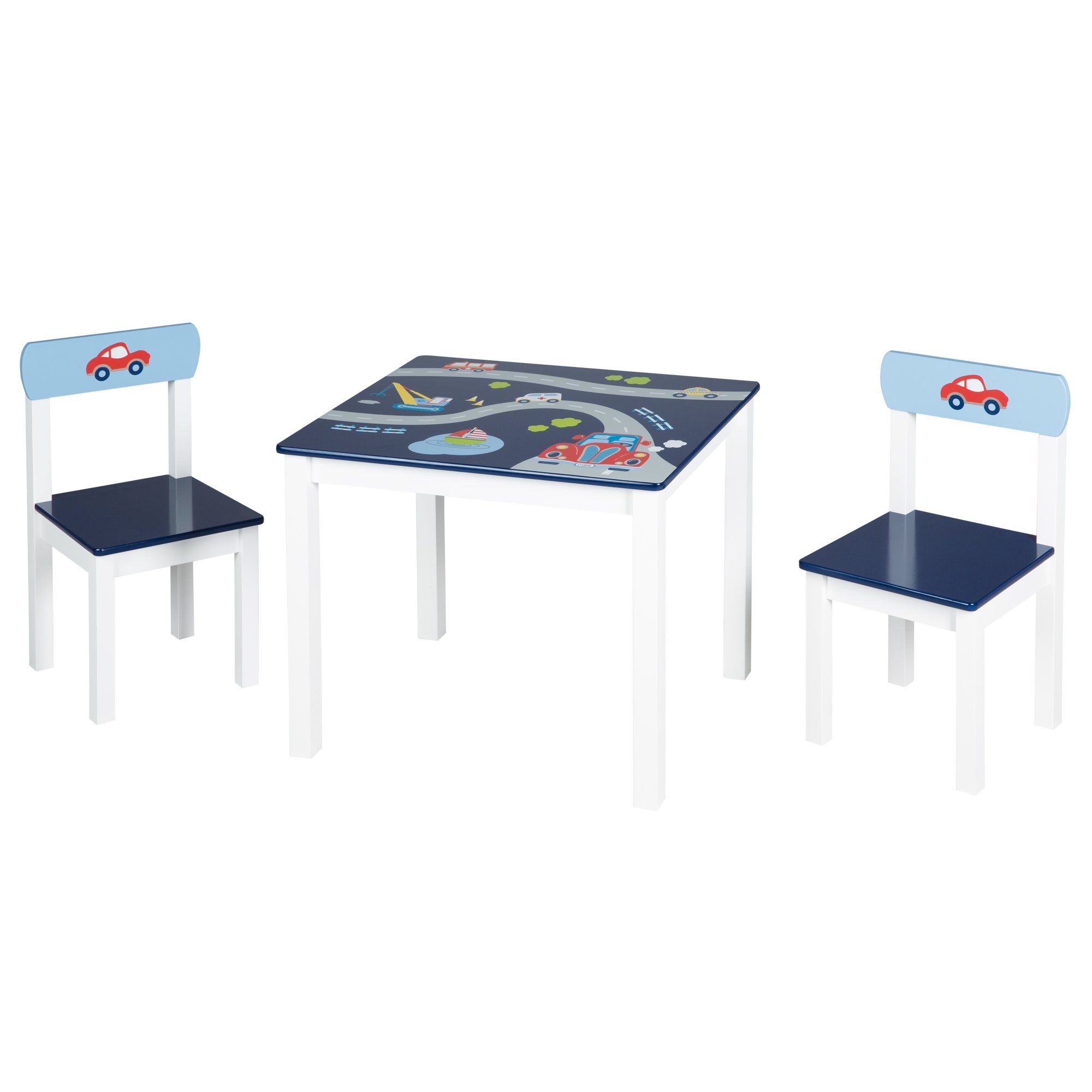 roba Racer Children's Seating Group - Wooden Children's Table Set with 2 Children's Chairs & Table - Children's Furniture with Vehicle Motifs - Blue/White
