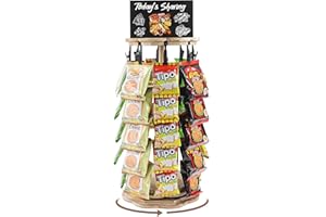 ZXHEXADRONE Chip Rack Display Stand, 5 Tiers 40 Clips Display Stand, 360°Rotating Wooden Base Chip Holder Candy Display for Concession Stand Supplies Countertop, Cookie, Candy, with Message Board (Log color)