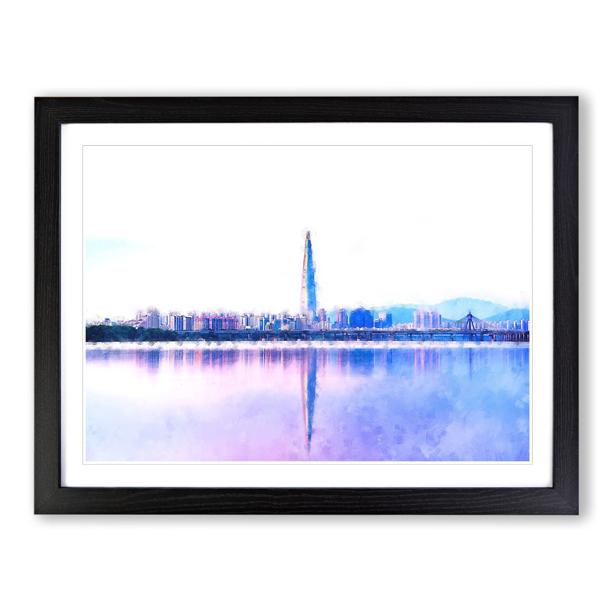 Seoul Skyline In South Korea Painting Modern Art Framed Print | A4 Black Framed Wall Art | Ready to Hang | Modern Cityscape Picture | Living Room Bedroom Lounge Office