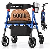 Bariatric Rollator Walkers for Seniors with Seat, 500 lb Capacity, 16.4 lb | Lightweight Aluminum, 8" All Terrain Wheels, 10-Level Adjustable Handle/Seat, Cup Holder &amp; Cane Clip