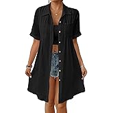 Bsubseach Swimsuit Cover Up for Women Short Sleeve Button Down Blouse Bathing Suit Cover Ups Cotton Beach Shirt Dress