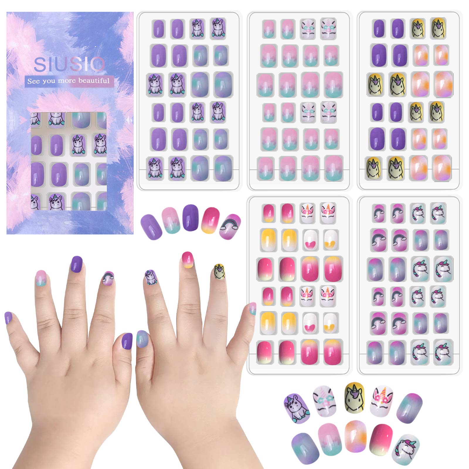 SIUSIO 120 Pcs 5 Pack Children Acrylic Fake Nails Press on Pre-glue Full Cover Glitter Gradient Color Short False Nail Art Kits for Kids Little Girls - Unicorn Series