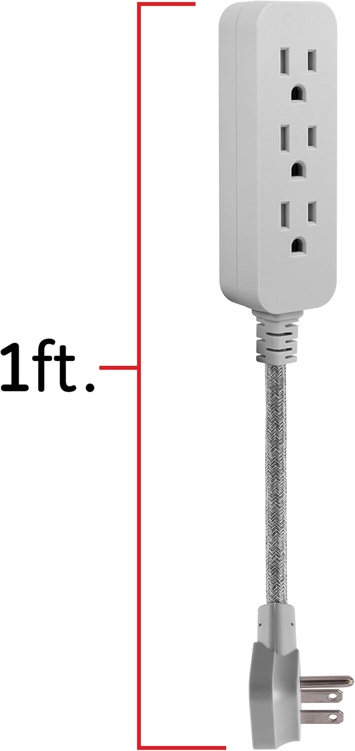 GE, Heather Gray, Designer Power Strip, 6 Inch Braided Extension Cord, 3 Grounded Outlets, Flat Plug, 53199 - - 