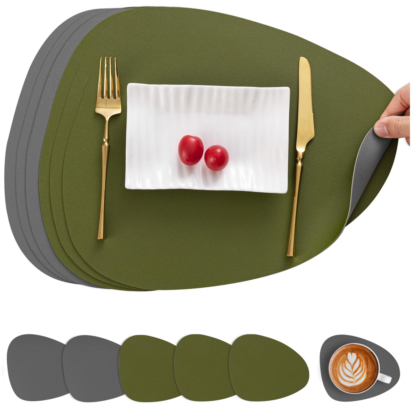 Myir JUN Leather Table Placemats & Coasters, Round PU Waterproof Dual-Sided Kitchen Place Mats & Coffee Mats Non-Slip Washable Placemat and Coaster Sets 6 (Set of 6, Grey Green)