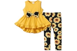 PATPAT Toddler Girl 2 Piece Pants Set Sleeveless Ruffle Hem and Floral Pants Leggings Set for Girls