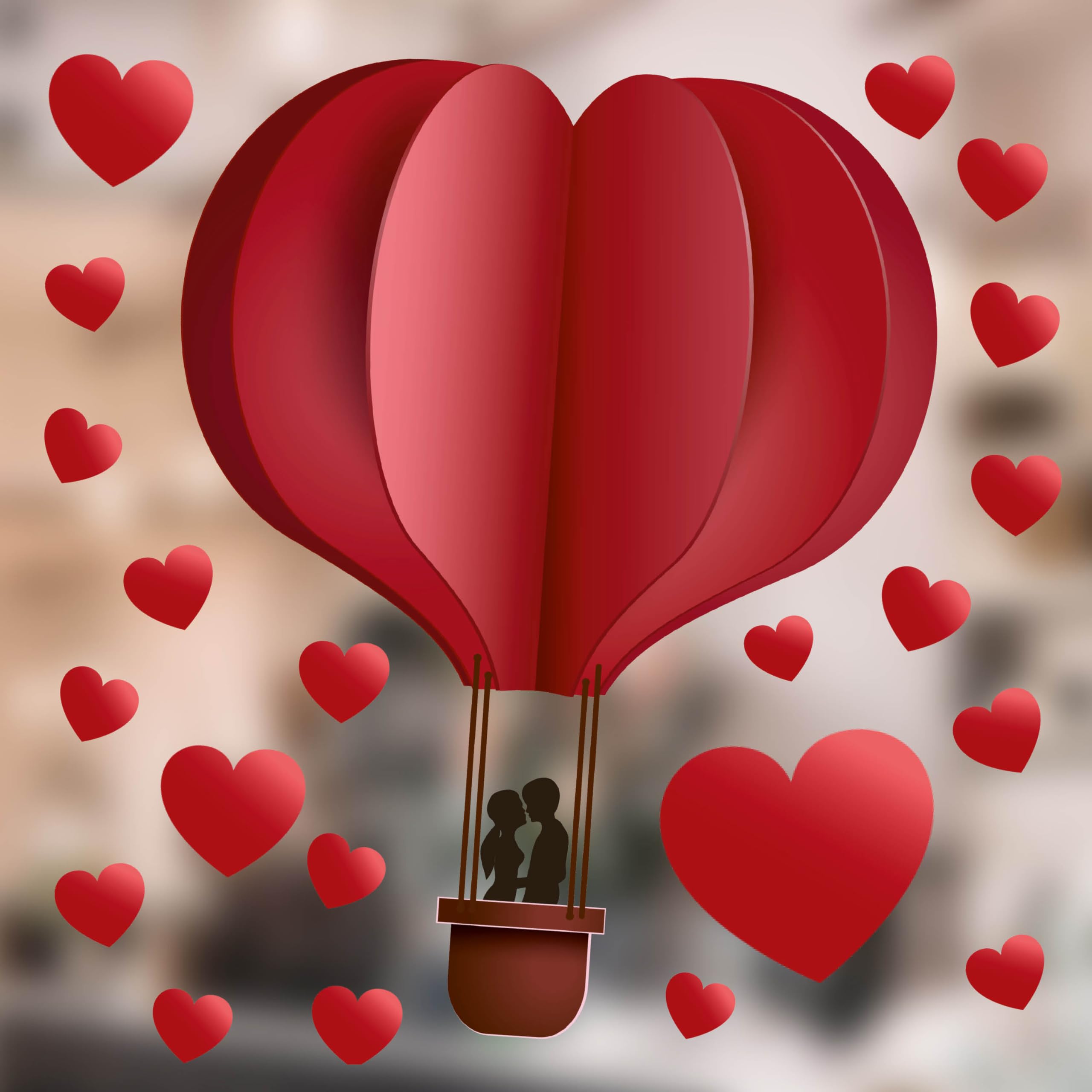 Valentines Day Red Love Heart Balloon Window Cling with 14 Heart Clings - Valentines Decorations - Papercut Style Heart Window Stickers for Home or Shop Decoration - Standar