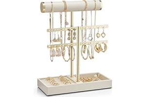 Vlando 2 Tier Necklace Holder Organizer with Tray, Leather Bracelet Holder Display for Women, Gold Jewelry Holder Stand for Bracelet, Necklace, Earrings, Rings - Cloud White