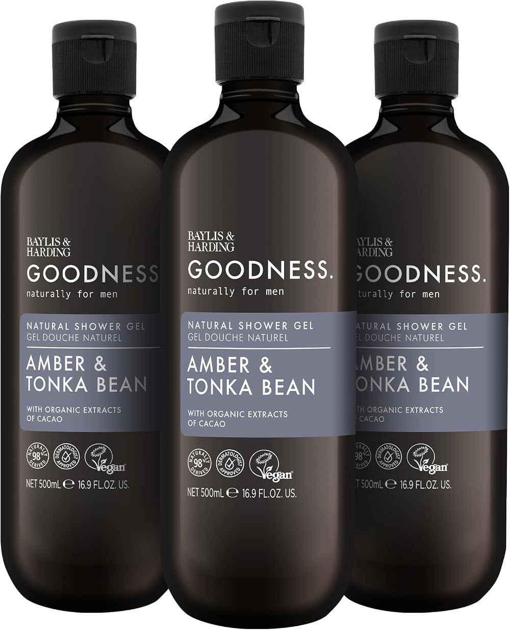 Baylis & Harding Goodness Amber & Tonka Bean Shower Gel 500 ml Pack of 3