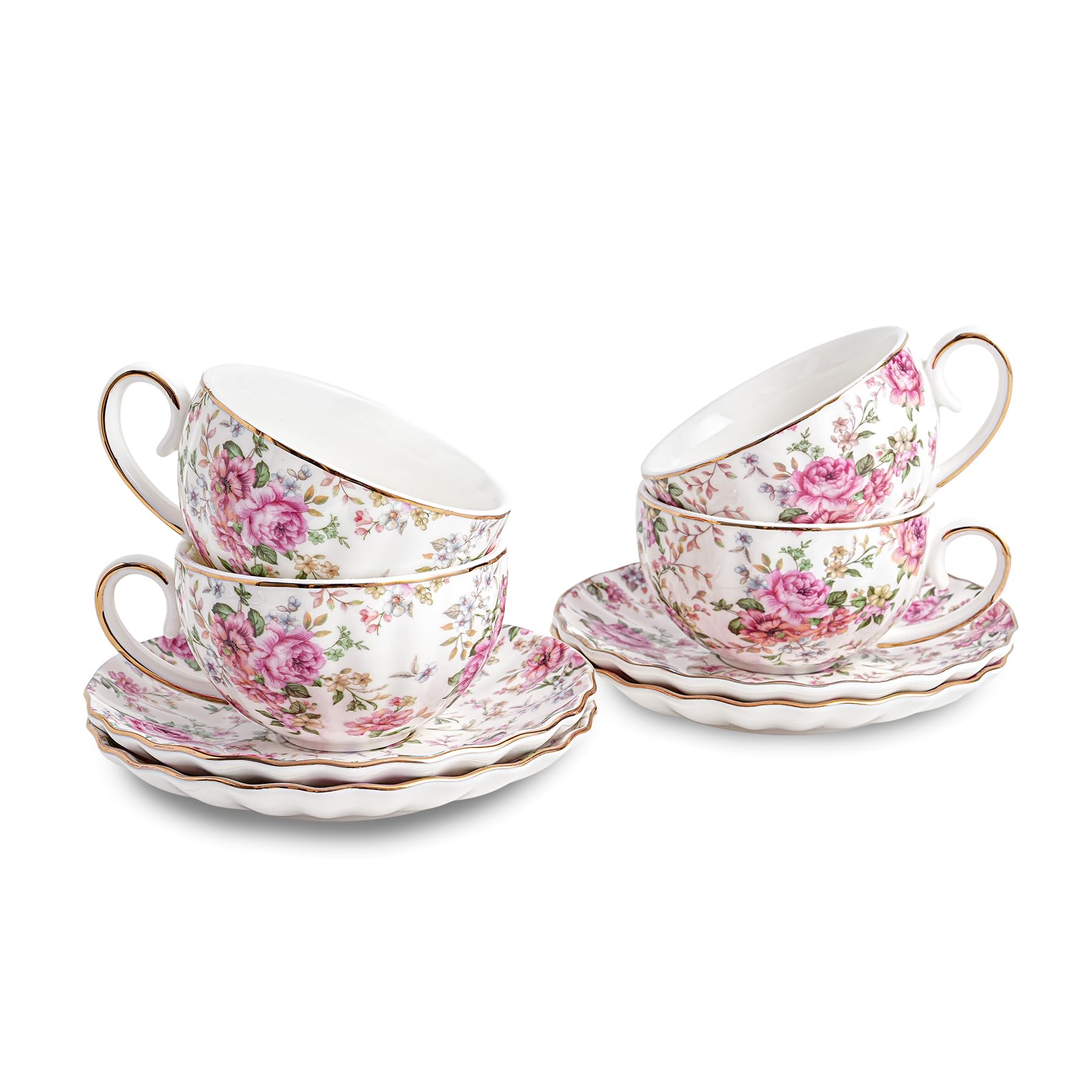 Photo 1 of Agyiuns Tea Cup and Saucers, 6.4oz Floral Tea Cups with Gold Trim, Porcelain Bone China Teacup, Coffee Cappuccino Espresso Latte Mugs for Party Birthday,Party Cafe Home, Christmas Gift (White)