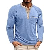 Mens Henley Shirts Long Sleeve Casual T-Shirts Basic Classic Vintage Cotton Tee Shirts Pocket Button Shirt