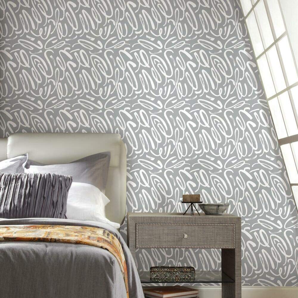 RoomMates RMK11623RL 45.72 cm x 5.74 m Curly Strokes Vinyl Wallpaper, Grey, White