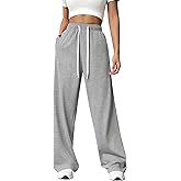 PINSPARK Wide Leg Sweat Pants for Womens High Waisted Baggy Sweatpants Casual Drawstring Workout Pants with Pockets