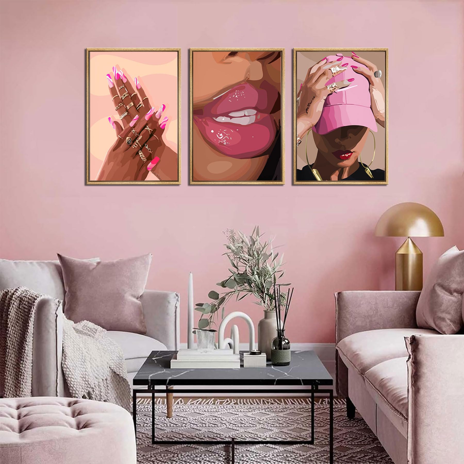 Condition photo showing New/Like New for 3pcs african american black woman canvas wall art pink fashion black girl wall decor pictures poster
