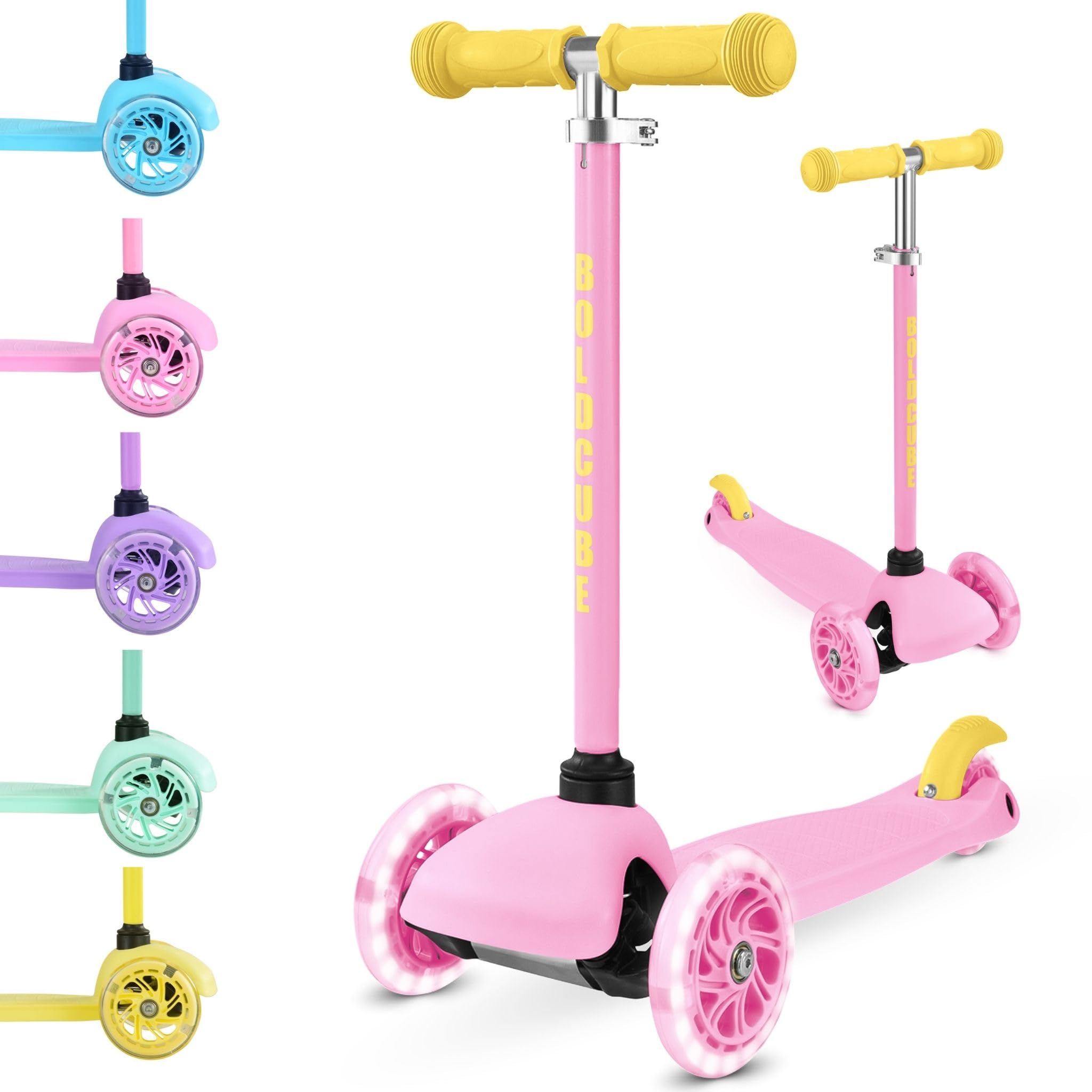 BOLDCUBE Teeny | 3 Wheel Pink Scooter for Kids & Toddlers Ages 3-6 Years | Flashing Wheels | Height Adjustable 53 to 70 cm | My First Scooter