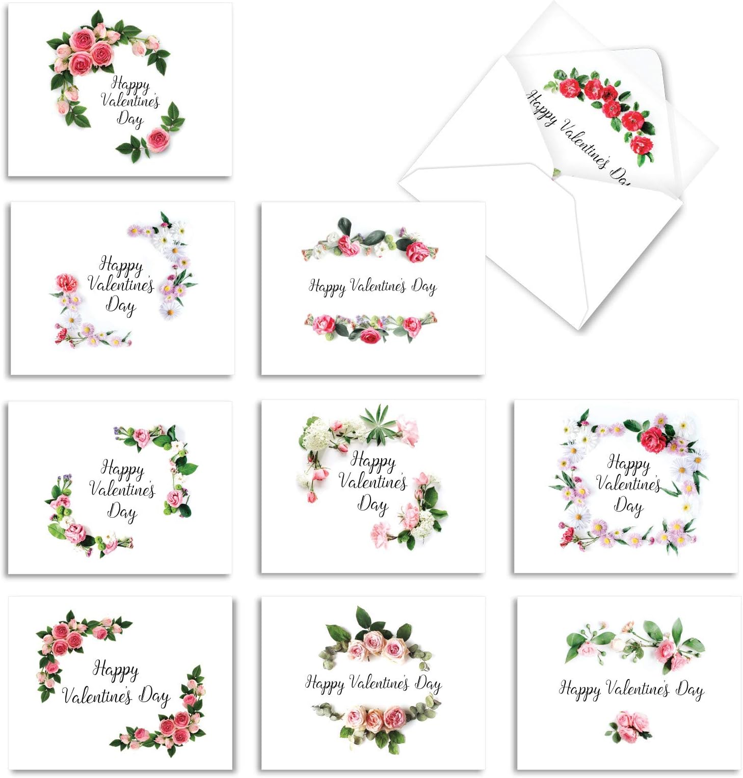 The Best Card Company - 10 Boxed Valentine Note Cards with Envelopes - Loving, Heartfelt Assorted Greeting Cards for Valentine's Day (4 x 5.12 Inch) - Elegant Flowers M4175VDG-B1x10