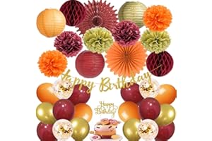 FETETIJD Fall Birthday Decorations Gold Burgundy and Orange Party Decorations Pom Poms Flowers Paper Lanterns Fans Autumn Burgundy Birthday Decorations with Happy Birthday Banner Cake Topper for Women Girls