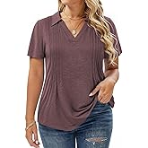 Plus-Size-Summer-Tops for Women Casual Collared V Neck Polo Shirts Business Pleated Tunics Trendy Short Sleeve Blouses