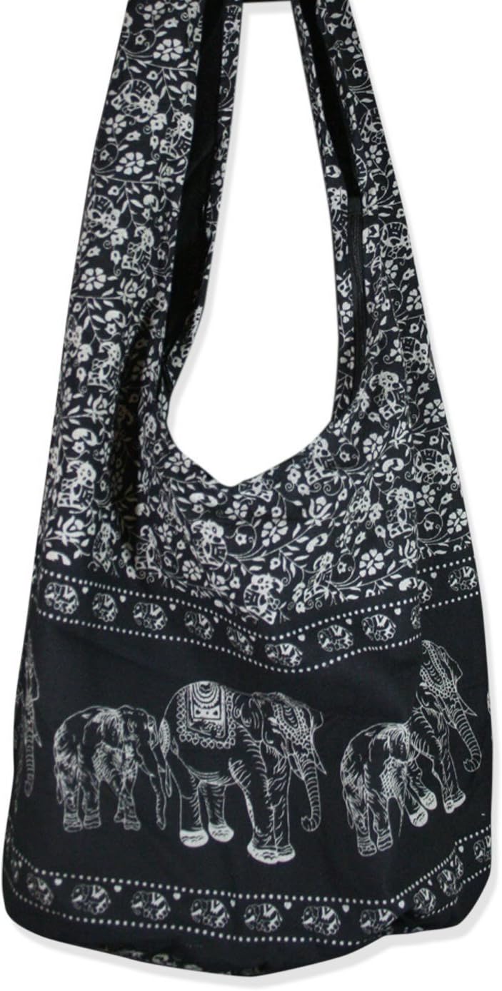 Hippie Elephant Sling Crossbody Bag Shoulder Bag Purse Thai Top Zip Handmade Color : Black