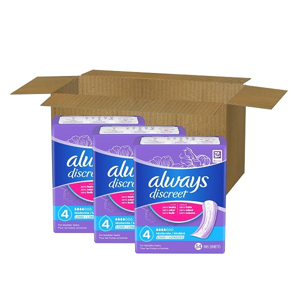 ALWAYS DISCREET ADULT INCONTINENCE PADS FOR WOMEN, MODERATE ABSORBENCY, LONG LENGTH, POSTPARTUM PADS, 52 COUNT