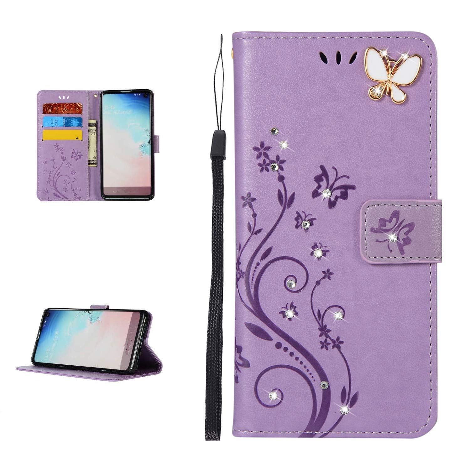 For Galaxy A40 Case, Samsung Galaxy A40 Leather Case Wallet Flip Cover Bling Diamonds Design Holster Case With Pocket ID Credit Card Holders/Cash Slots Case Cover (Samsung Galaxy A40,Light Purple)