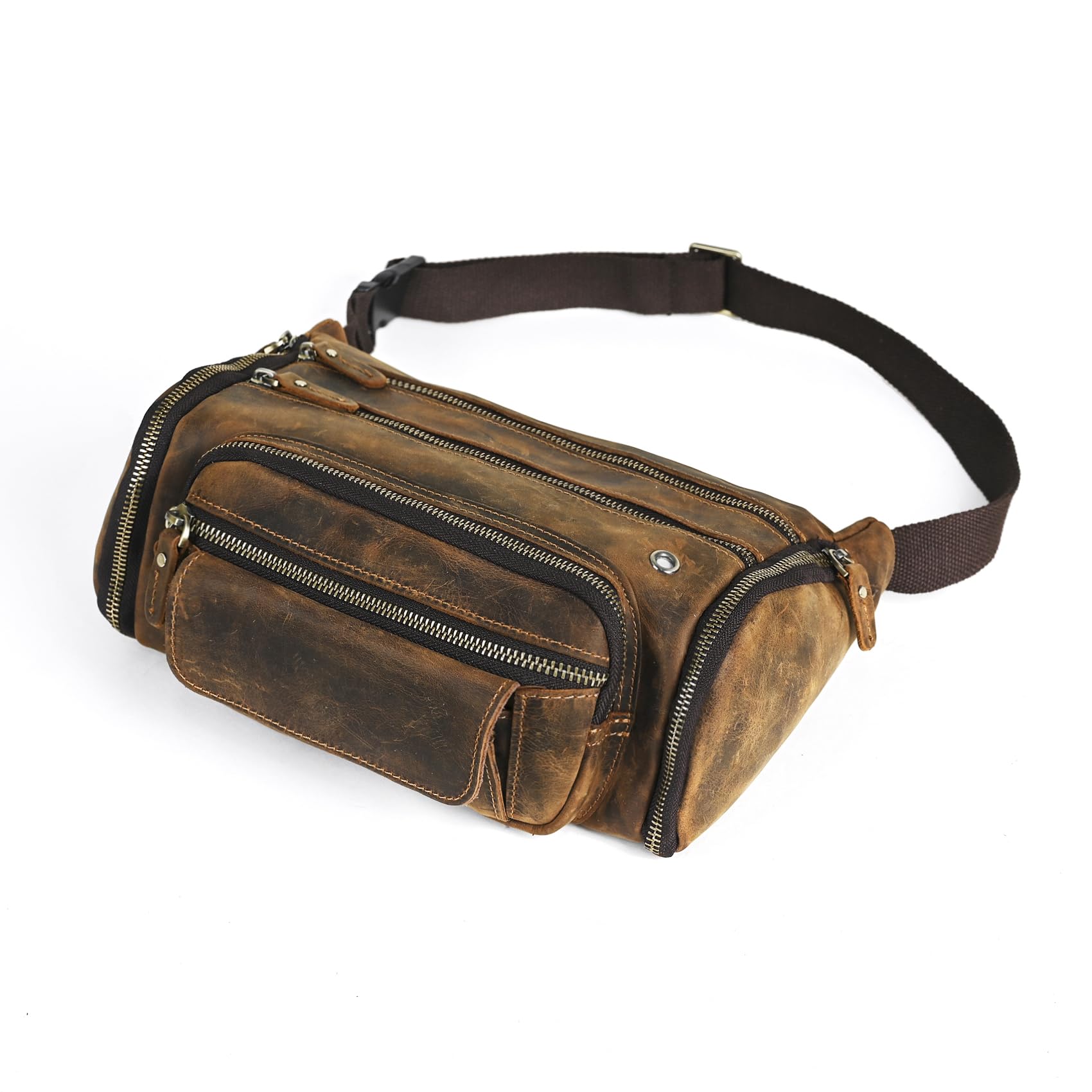 Handadsume Thick Crazy Horse Leather Hiking Riding Travel Outdoor Belt Bag Fanny Waist Pack Small Phone Pouch for Men Women 380 (382 Brown)