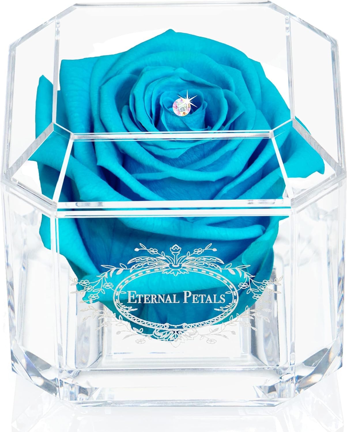 A 100% Real Rose That Lasts Years - Eternal Petals, Handmade in UK – White Gold Solo with A Clear Crystal (Teal)