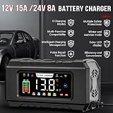 Husgw 15A Car Battery Charger 12V/24V Smart Maintainer with LCD Temp Comp view 2