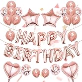 52 Pcs Rose Gold Birthday Decorations, Rose Gold Balloons Happy Birthday Banner with 18 Inch Heart Star Confetti Balloons Suitable for Kids, Girls and Women Birthday Party Decorations Supplies