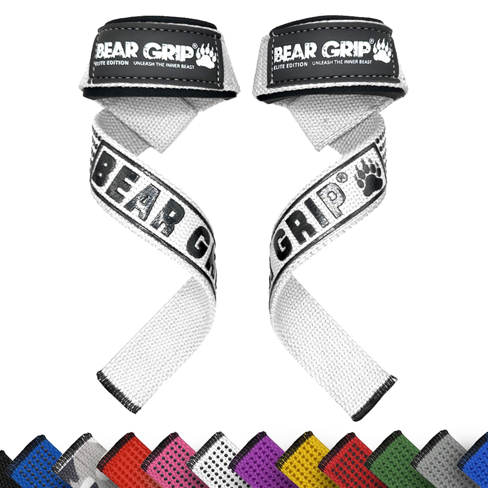 BEAR GRIP Straps - Premium Neoprene Padded Heavy Duty Double Stitched Weight Lifting Gym Straps, Deadlift, Gym Accessories for Men and Women, Advanced Gel Grip, 100% cotton, Extra long length (White)