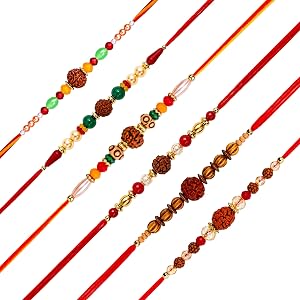 SAJTOX 6 Pcs Handmade Designer Rakhi Set for Brother, Om Beads, Floral & Traditional Thread Design, Multi Color, Adjustable,