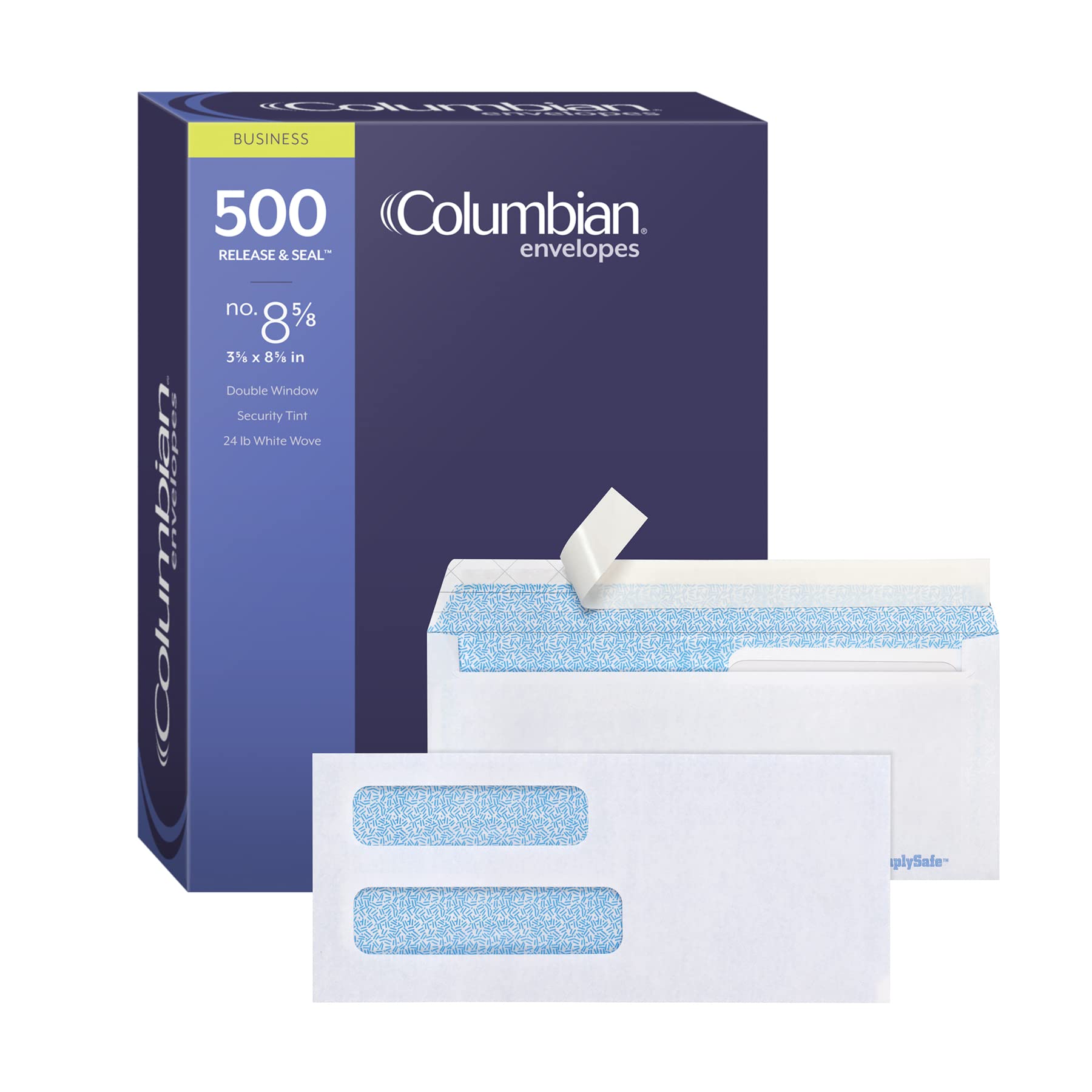 Columbian #8 5/8 Double Window Envelopes, SimplySafe Tamper Evident, Security Tint, Pull Strip, Peel and Seal, White, 3-5/8 x 8-5/8, 500/Box (COLO156)