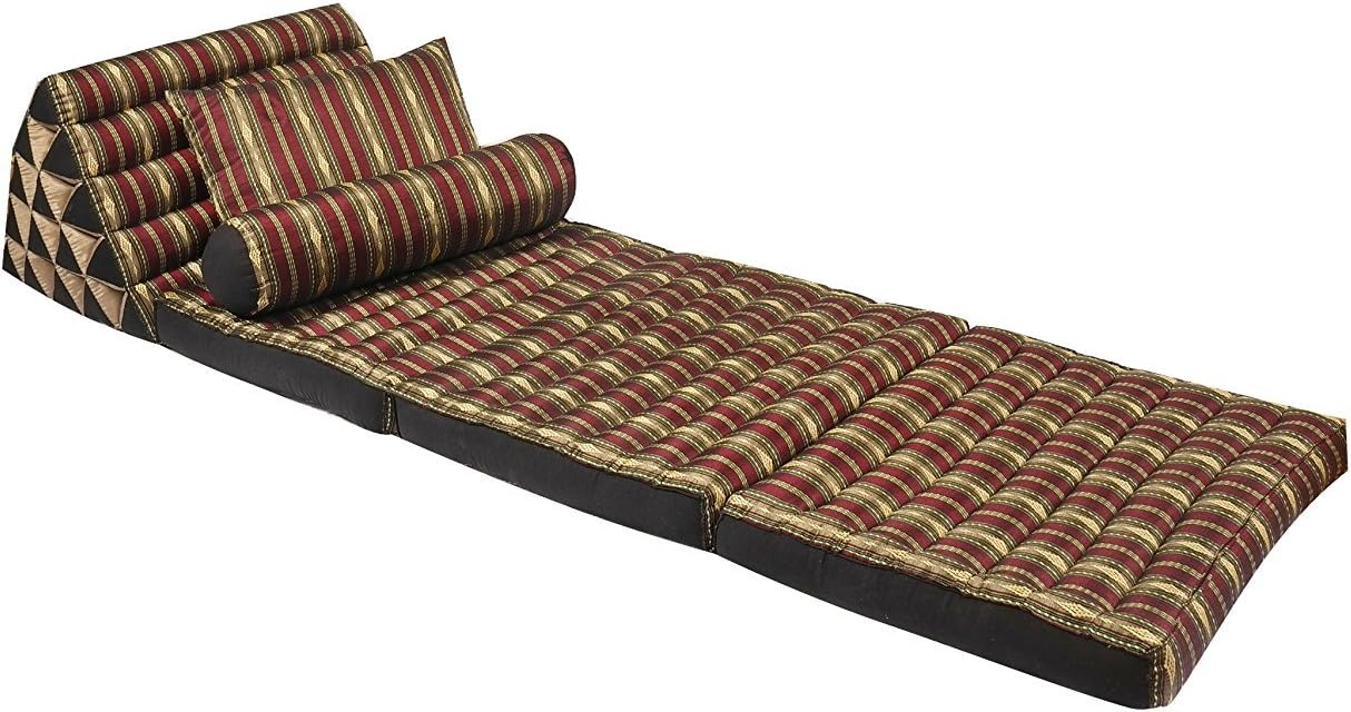 Handelsturm Thaikissen Extravagant Thai Pillow Set: Triangle Mat + 2 Decorative Pillows, 100% Kapok Stuffing, Radiant Burgundy&Gold Stripes