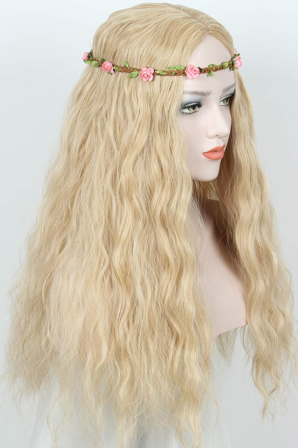 Linfairy Long Wavy Wigs Halloween Cosplay Costume Wig for Women Party with flower Crown(Long blonde), 2 Piece Set - Image 5