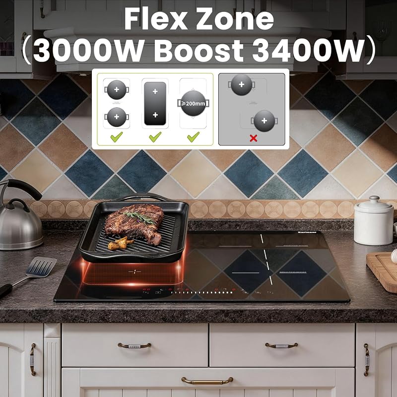 Induktionskochfeld 60 cm, 4 Platten 7200W, Flex Zone, Boost