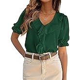 PRETTYGARDEN Women's Summer Dressy Casual Blouses 2026 Short Sleeve V Neck Ruffle Business Work Tops Trendy Spring Outfits