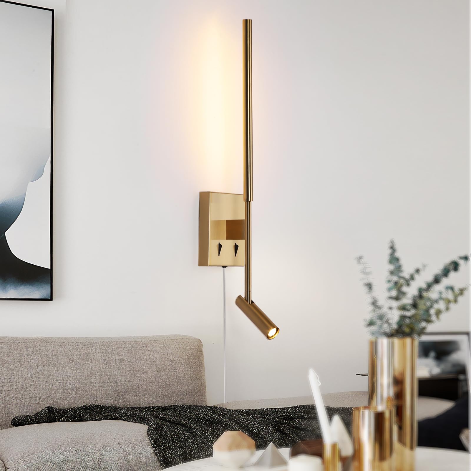 Photo 1 of Modern Plug in Wall Sconce Indoor Ambient Lighting for Bedroom, Gold LED Wall Mounted Reading Lamp with Switch, Corded Minimalist Linear Wall Light with 5.9FT Clear Cord for Living Room Corner Hallway