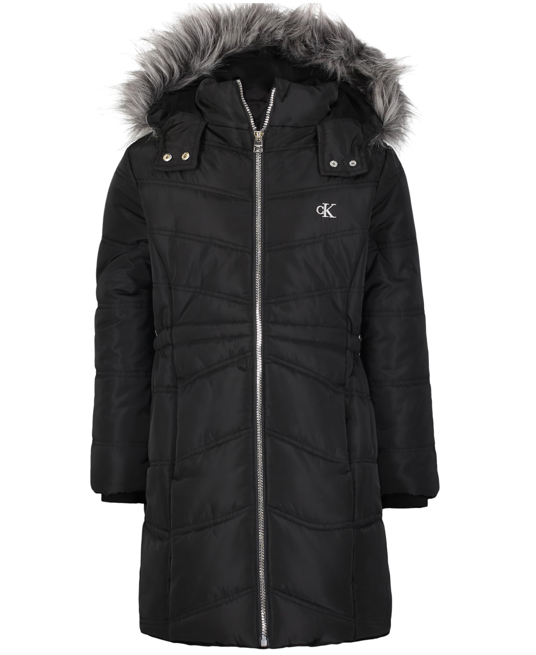 Calvin Klein Girls' Hooded Winter Puffer Jacket, Full-Length Heavyweight Coat with Fleece Lining, Aerial Black, 5 Image