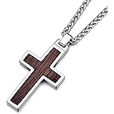 MOO&LEE Tungsten Cross Pendant Necklace for Men Wood Inlay Fiber Inlay Cross Necklace Tungsten Jewellery