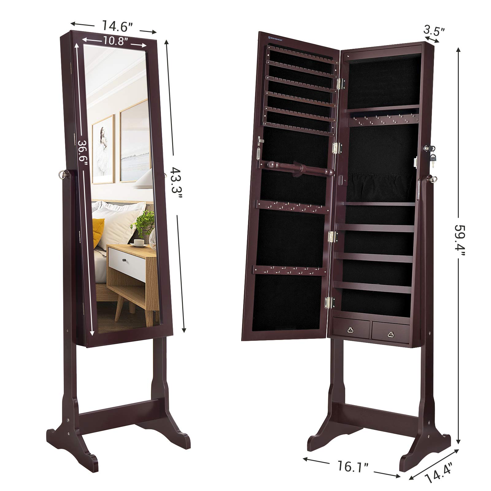 SONGMICS 6 LEDs Mirror Jewelry Armoire, Lockable Free Standing Jewelry Organizer, Large