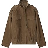 FindThy Women’s Suede Leather Jacket Vintage High Collar Long Sleeve Zip Up Oversized Outerwear Coat with Pockets