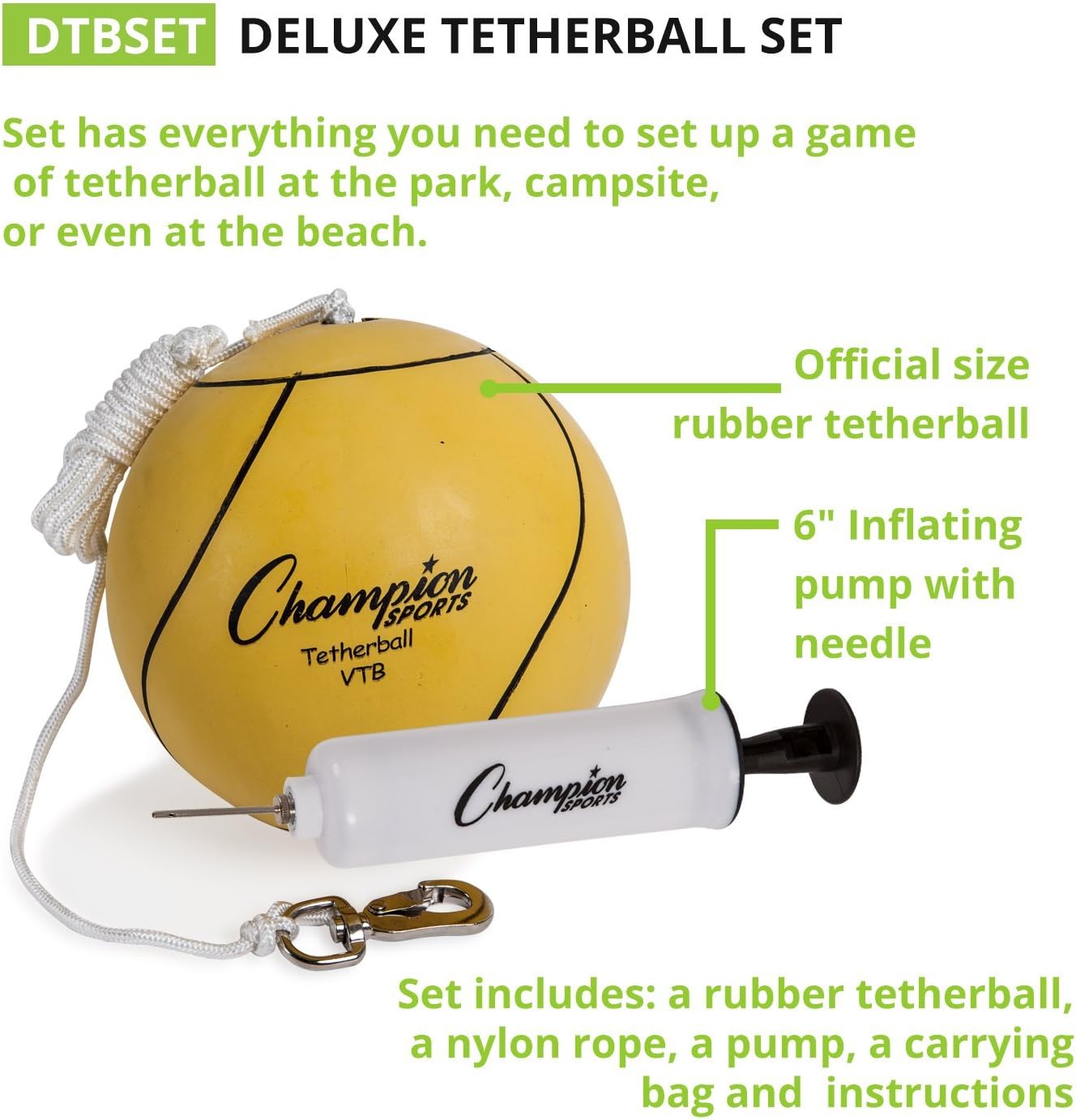 Champion Sports Portable Tetherball Set: Classic Backyard Lawn Beach and Pool Party Game Includes Soft Ball Nylon Rope & Durable Telescopic Pole with Free Air Pump (DTBSET): Toys & Games