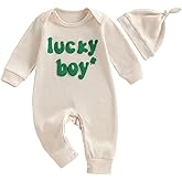KtwHarnu Newborn Baby Boy St Patricks Day Outfit Lucky Boy Embroidery Waffle Knit Romper Jumpsuit Long Sleeve Bodysuit Hat