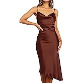 R.Vivimos Women's Satin Dress Spaghetti Straps Side Slit Cowl Neck Irregular Hem Midi Dress