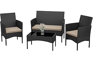 Kurapika Patio Furniture Set 4 Pieces Outdoor Wicker Rattan Chairs Conversation Sets w/Coffee Table, Rocking Bistro Set, for Deck,Patio,Backyard,Lawn (Sand)