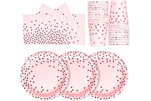 PYAILI 72PCS Pink Rose Gold Party Tableware Set, Party Paper Plates Cups and Napkins, for Birthday, Wedding, Picnic, Party Su