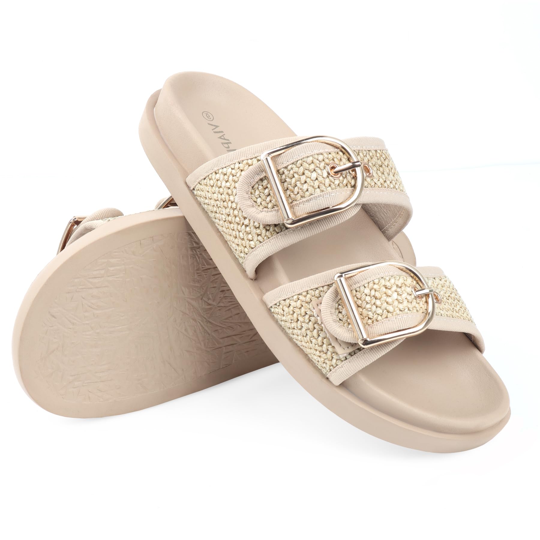 Photo 1 of (used)(see images) Viapipa Women's Raffia Platform Sandals Chunky Woven Slides with Adjustable Beige Size 9