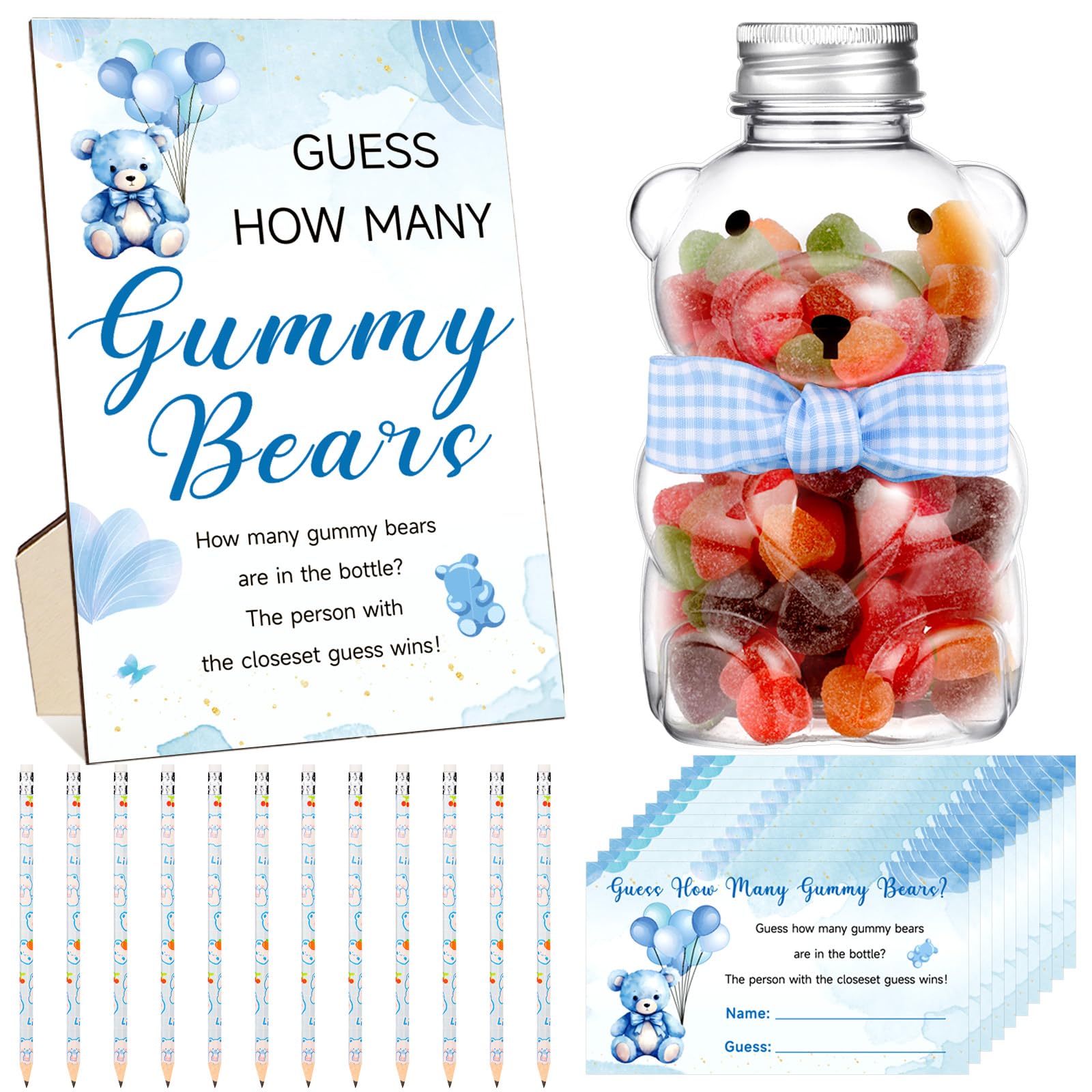 Photo 1 of 123 Pcs Baby Shower Games, Guess How Many Bears 100 Guessing Cards 20 Pencils 1 Cute Bear Bottle 1 Roll Ribbon 1 Wood Standing Sign for Baby Shower Guests Gender Reveal Party Decoration(Blue)