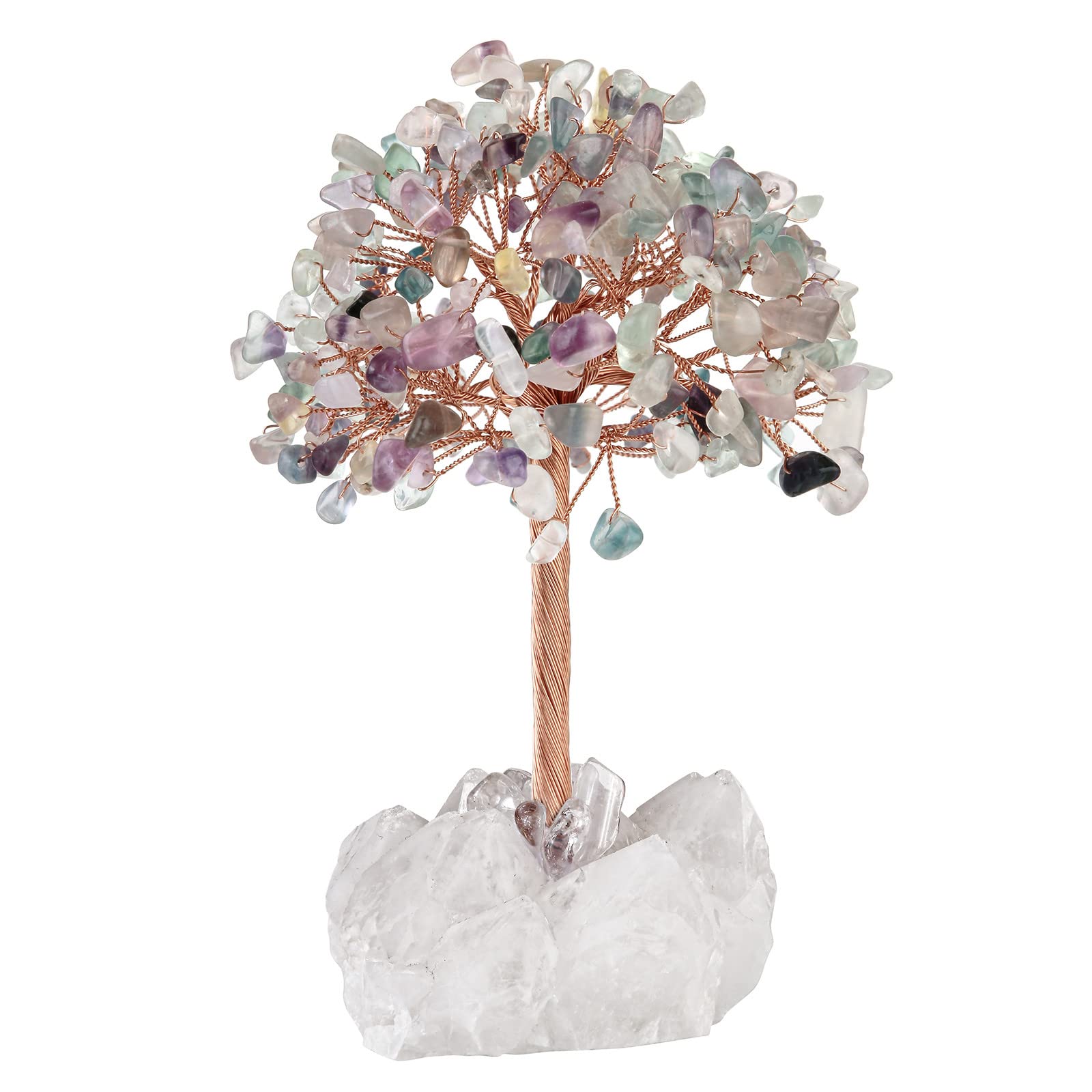 Nupuyai Fluorite Crystal Money Tree with Rock Crystal Cluster Base, Good Luck Fengshui Figurine Spiritual Healing Stone Tree Ornament for Home Office Decor